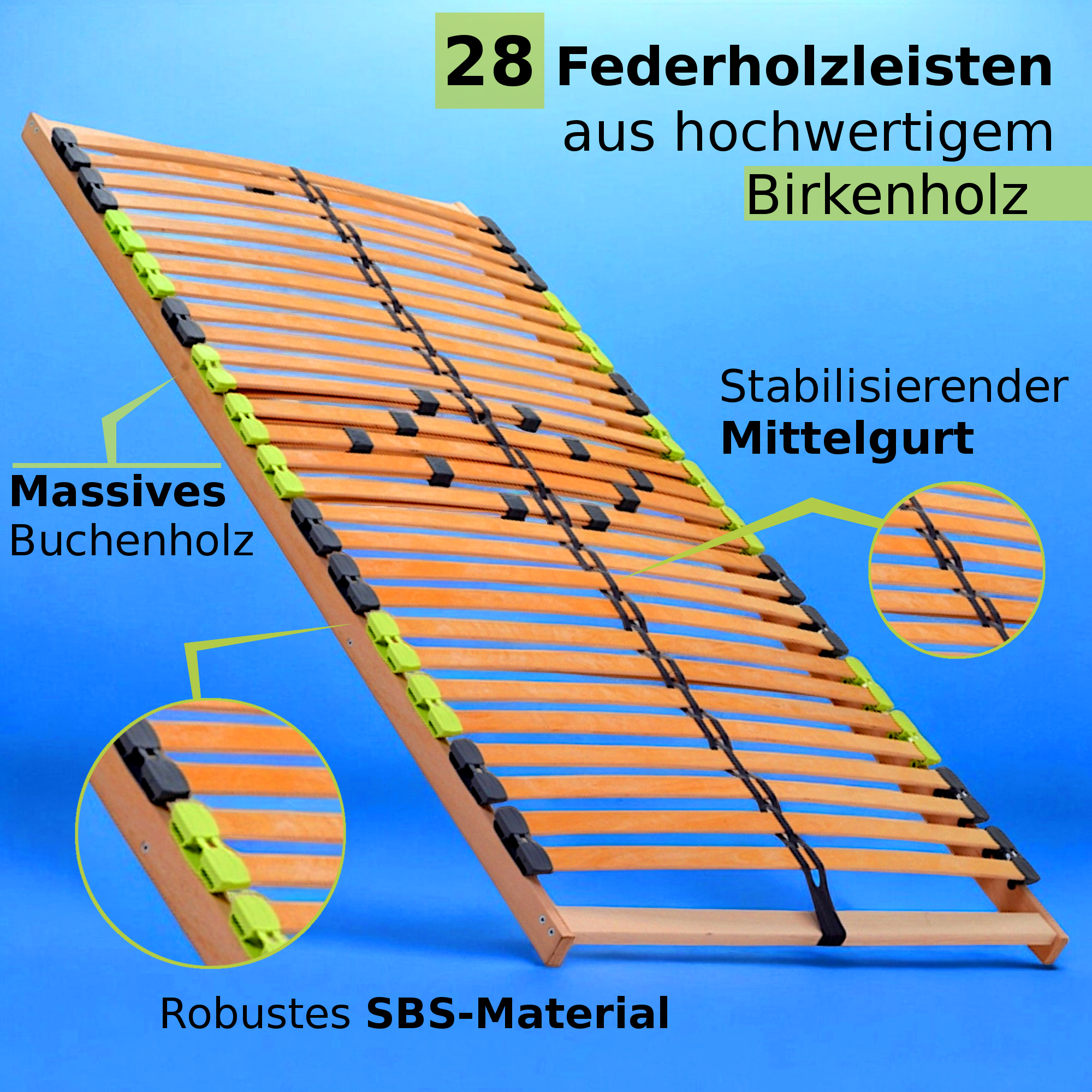 Basic Lattenrost 140x200 cm, aus Buchenholz, 7 Zonen mit Härteverstellung