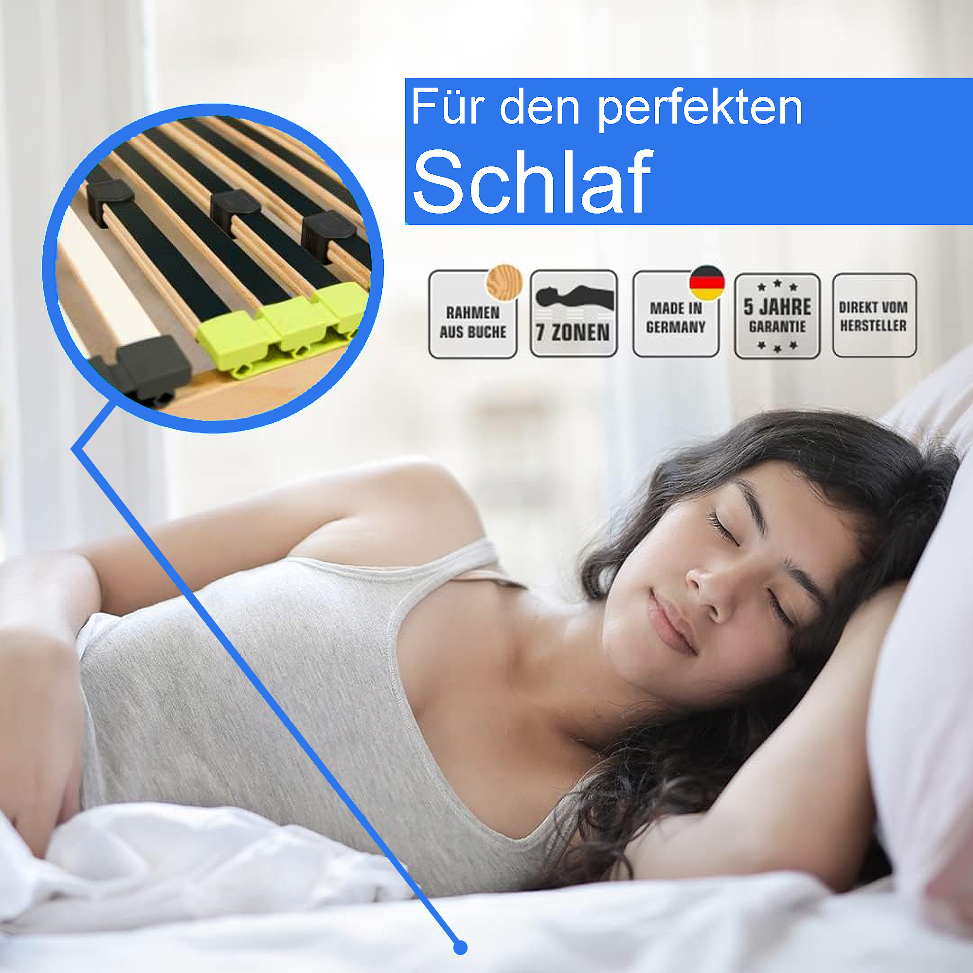 Relax Lattenrost 70x200 cm, Kopfteil verstellbar, aus Buchenholz, 7 Zonen mit Härteverstellung